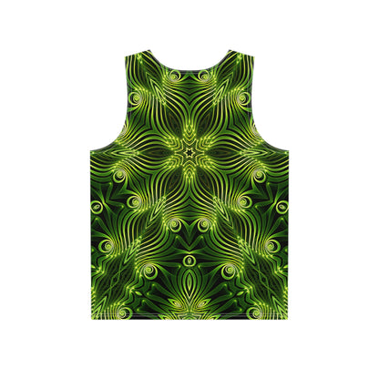 Close-up of the Green Lattice print on a men's tank top.