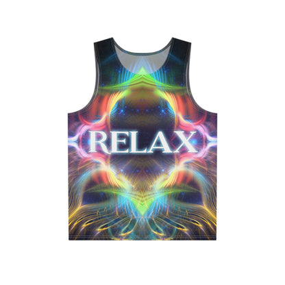 Flat lay of the Relax print men's tank top showing the full all-over design.