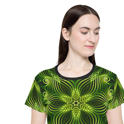 Full pattern view of the "Green Lattice" print women's sport tee.