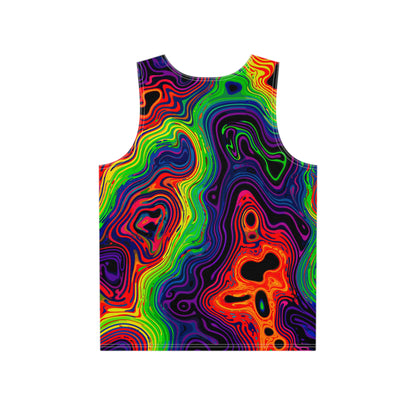 Close-up of the Neon Spill print design on the tank top fabric.