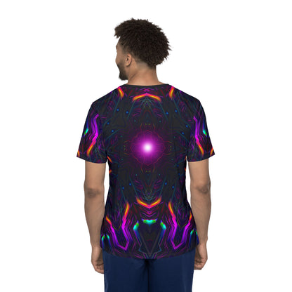 Angled view of the "Knight City Core" sport tee, showing the print from the side.