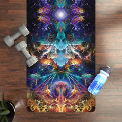Additional view of the yoga mat's symmetrical fractal art print in teal, gold, and purple.