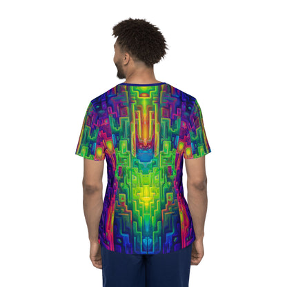'Galaga' sport tee for men, corner view showing the hem and seam.