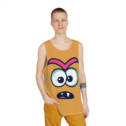 Angled view of the Confused Face men's tank top showing the trippy face pattern wrap.