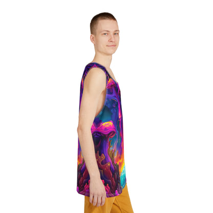 Side view of the Port Gillstown men's tank top showing the regular fit and armhole seam.