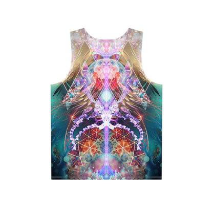 Front view of the Primordial Soup men's tank top with a swirling abstract print across the chest.