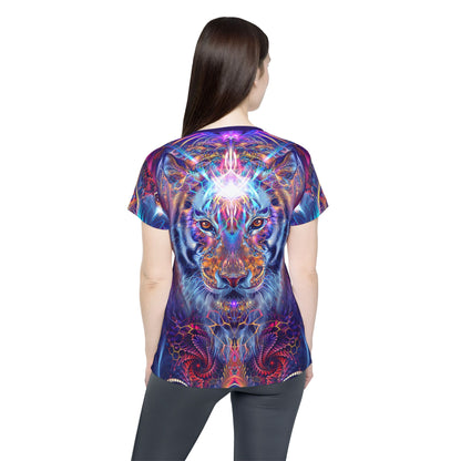 Women's sport tee in the Empurrress psychedelic cat all-over print design, front view.