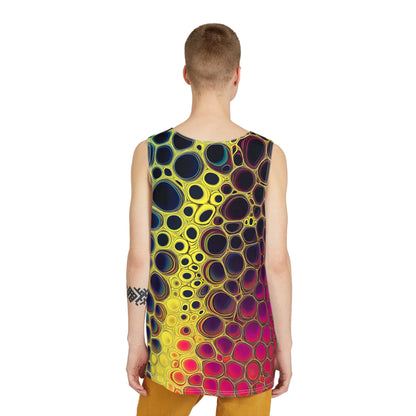 Side angle view of a model wearing the Mitosis men's tank top.