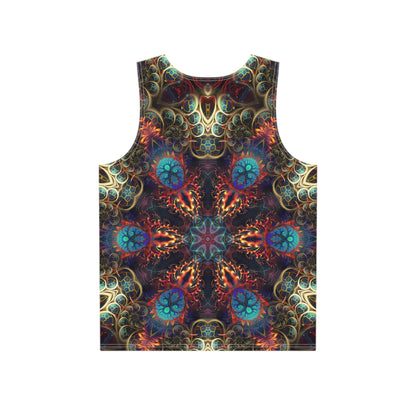 Close-up view of the print detail on the Stimulous Mandala men's tank top.