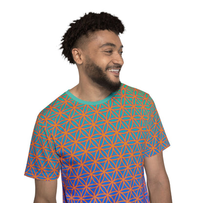 Men's sport tee in the Flower de Life sacred geometry all-over print design, close-up of the fabric.