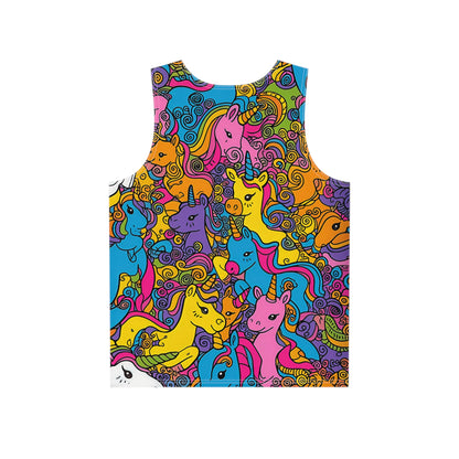 Back view of the 'Because Unicorns' men's tank top laid flat, showing the print continuing across the fabric.