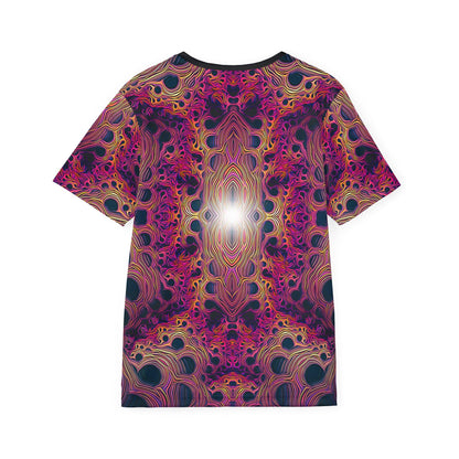 Close-up of the "Fractaleon" print detail on the men's sport tee fabric.