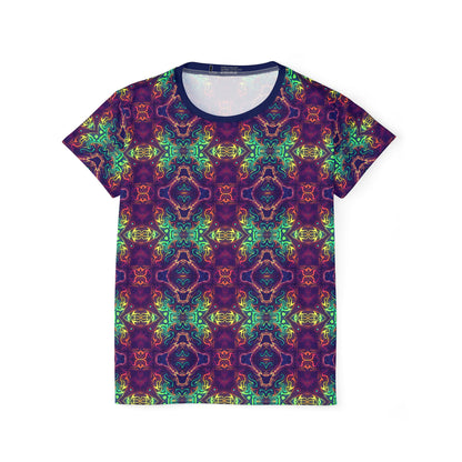 Flat lay of the McTrippy women's sport tee showing the all-over psychedelic print.