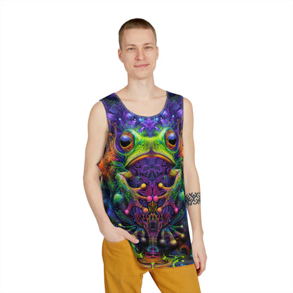 Angled view of the Kiss Me men's tank top on display.