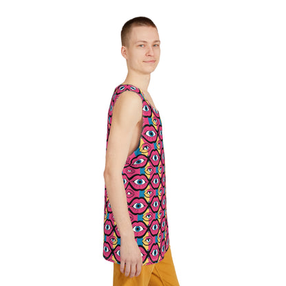 Side view of the Eyeball Lips men's tank top showing the regular fit and armhole seam.