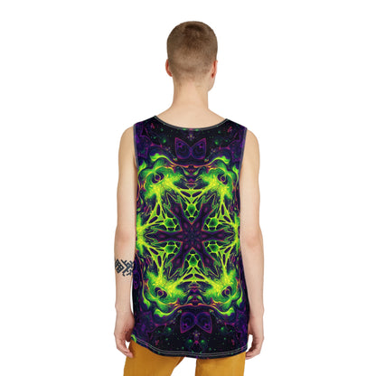 Angled view of the Goodala men's tank top showing the fabric and print.