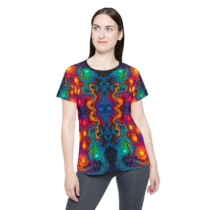 Close-up of the Molten Flow print on the women's sport tee fabric.