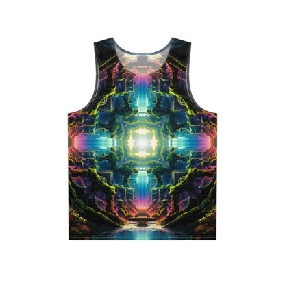 Flat lay of the Remnant Portal print men's tank top showing the full design.