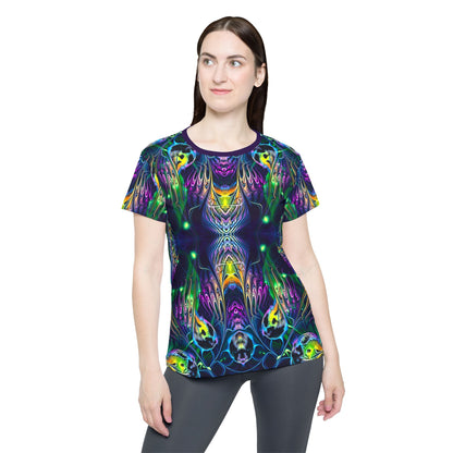 Side view of the Awakened V2 print on this women's sport tee