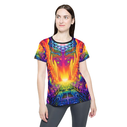 Women's sport tee in the DMTron psychedelic all-over print design, angled view.