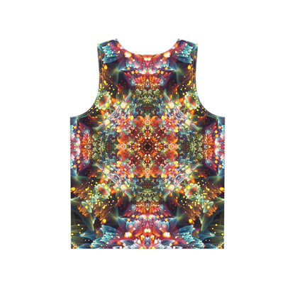 Close-up of the Kaleidobloom print on a men's tank top.