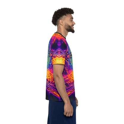 Side angle of the "Focused Thought" men's sport tee highlighting the print pattern.