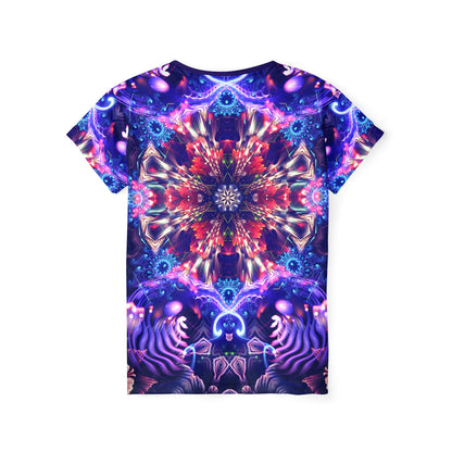 Women's sport tee in the Flow State psychedelic all-over print design, close-up of the print.
