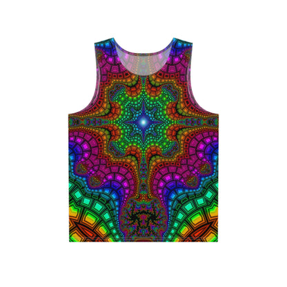 Front view of the Kambo men's tank top with psychedelic visionary art design.