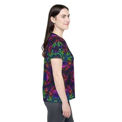 Angled view of the Cthulhu Kaleider sport tee highlighting the print pattern.