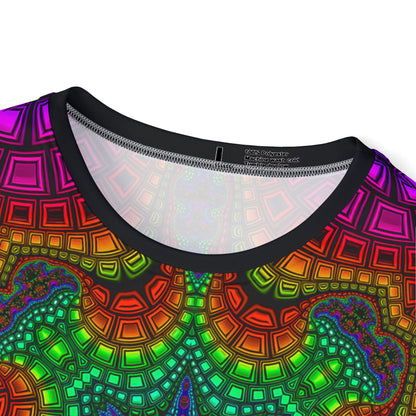 Close-up of the print detail on the "Kambo" sport tee, showing color and line clarity.