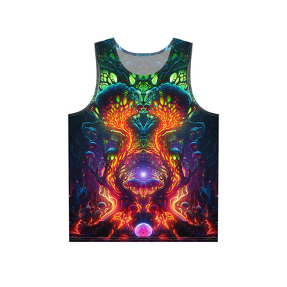 Close-up detail of the 'Mush Dark So Color' psychedelic print on this men's tank top.