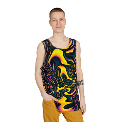 Pink Plus Black Equals Yellow print men's tank top laid flat