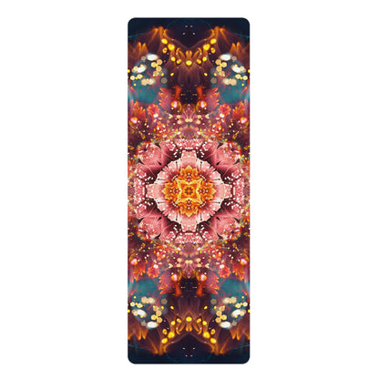 The 'Reaching For Light' design shows a pink floral mandala glowing with gold light on a rubber yoga mat.