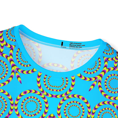 Close-up of the Loco Motion sport tee print showing color and pattern detail.