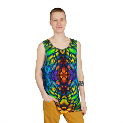 Angled view of the Scaled men's tank top highlighting the print and cut.