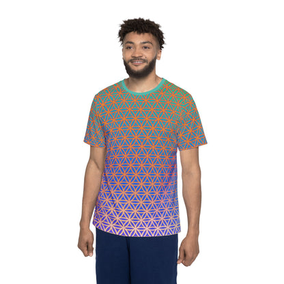 Men's sport tee in the Flower de Life sacred geometry all-over print design, front view.