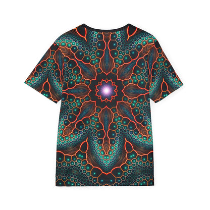 Close-up of the Multiverse print detail on the sport tee fabric.