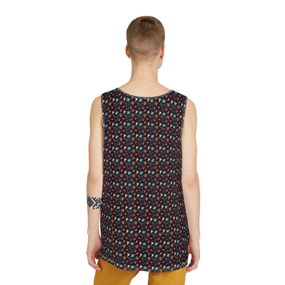 Side angle view of a model wearing the 90's Lightning Pattern men's tank top.
