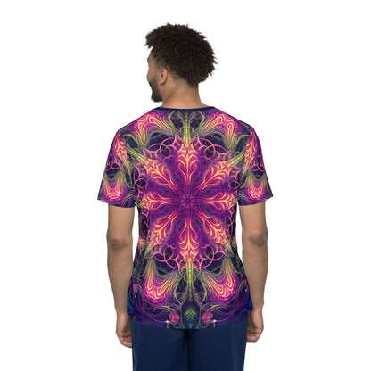 'Gatekeepers Mandala' sport tee for men, corner view showing the hem and seam.