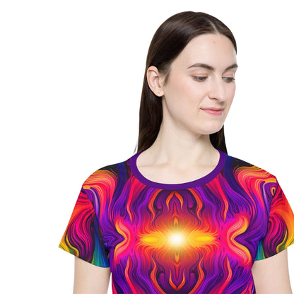 Corner detail shot of the Cosmic Currents sport tee hem and seam.