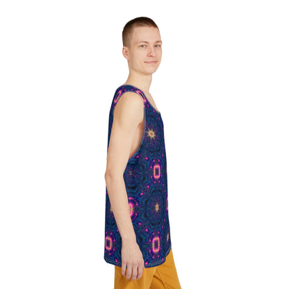 Model wearing the Nocturnal Lattice men's tank top with the geometric psychedelic print visible.