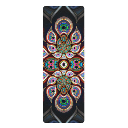 Angled view of the Waiting Room yoga mat showing the full print.