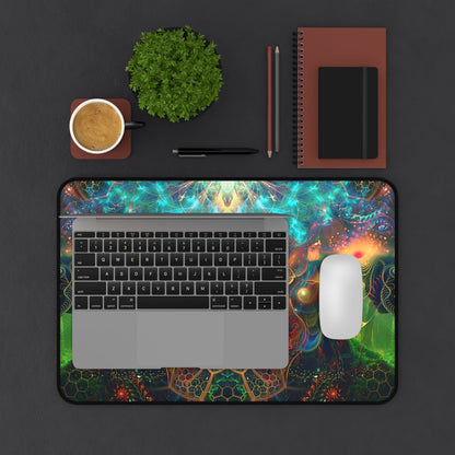 The To Tree or Not to Tree Bottom Section desk mat beside an open laptop.