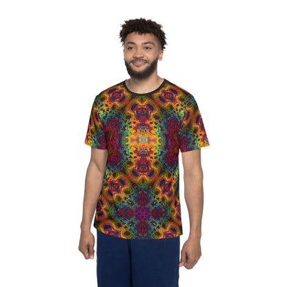 Overhead view of the Lysergic Burst men's sport tee laid flat.