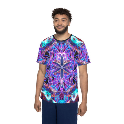 Corner detail of the "Flower of Life Mandala" all-over print on the men's sport tee.