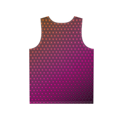 Close-up of the Pink Flower of Life artwork on tank top fabric