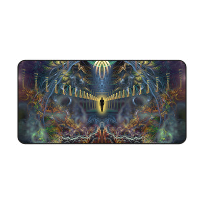 Detail of the swirling cosmic pattern on the "Heightened Stroll" desk mat.