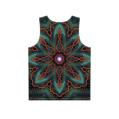 Angled view of the 'Multiverse' all-over print covering this men's tank top.
