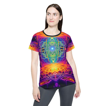 Angled view of the women's sport tee highlighting the "Focused Thought" design colors.