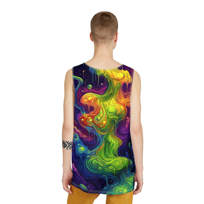 Angled view of the I Love Lava Lamp men's tank top showing the fabric and print.